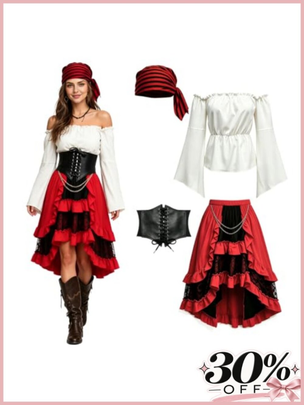 Womens Pirate Costume Corset Belt High Low Skirt Ren Faire Halloween 4 Piece